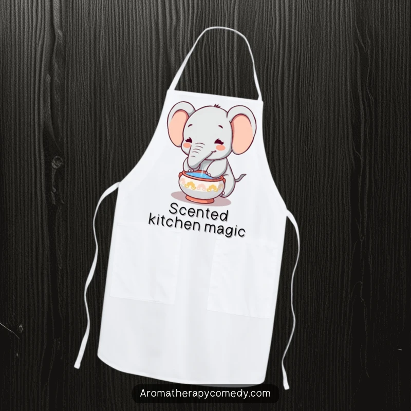 Funny elephant apron, trunk dipping into incense, bringing kitchen humor and peaceful vibes, ideal funny gift.