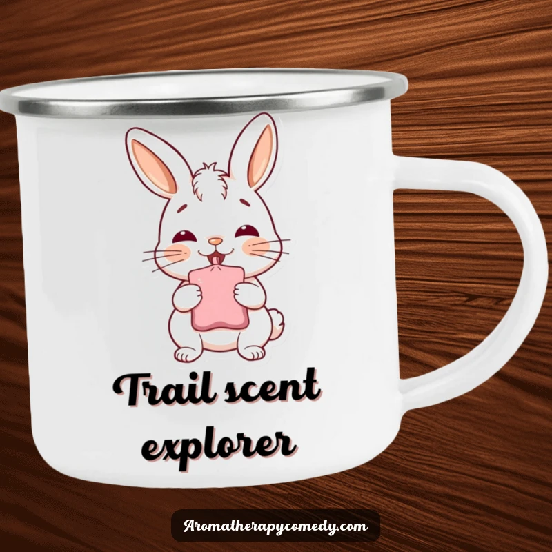 Funny bunny camping mug, deep inhale from a sachet, bringing cheerful humor and portable joy on adventures, great funny gift.