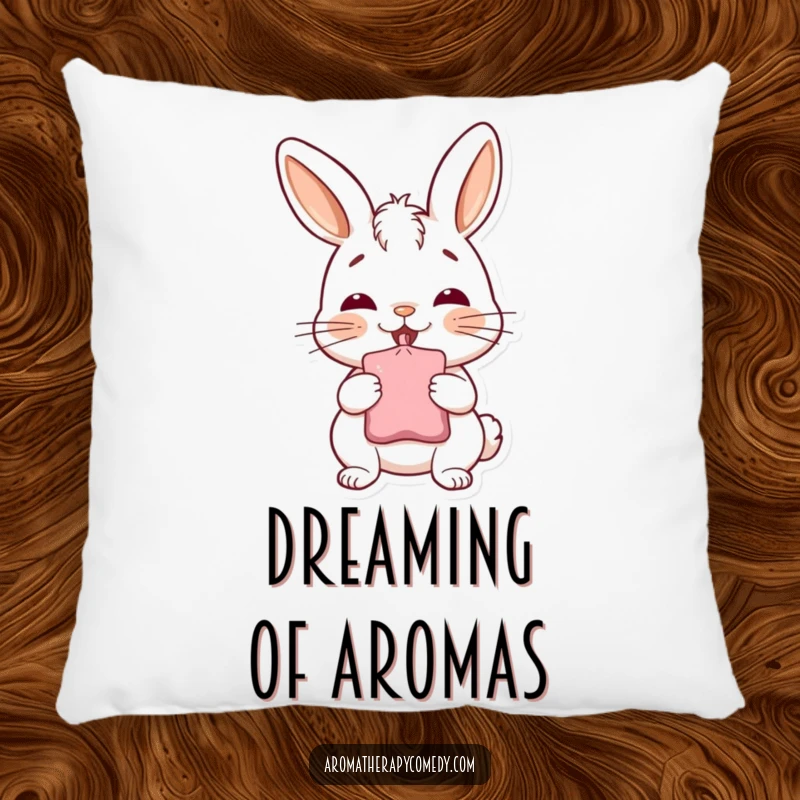 Funny bunny sachet pillow, happily inhaling from a sachet, offering comfort and humorous delight, perfect funny gift.