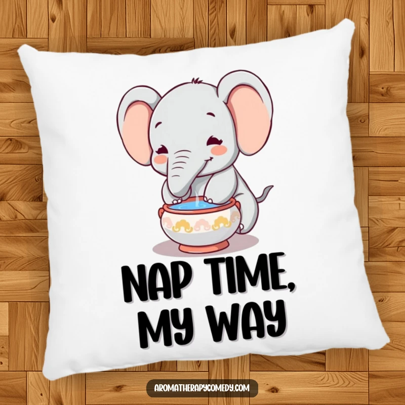 Funny elephant incense pillow, trunk in an incense bowl, offering comfort and humorous serenity, perfect funny gift.