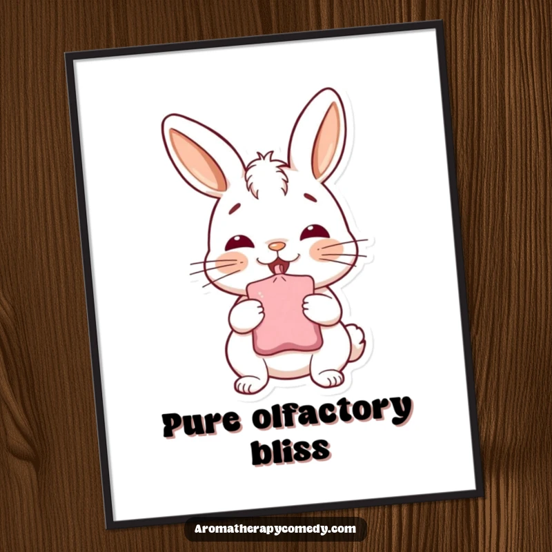 Funny bunny digital art print, deep inhale from a sachet, offering cheerful humor and instant decor, lovely funny gift.