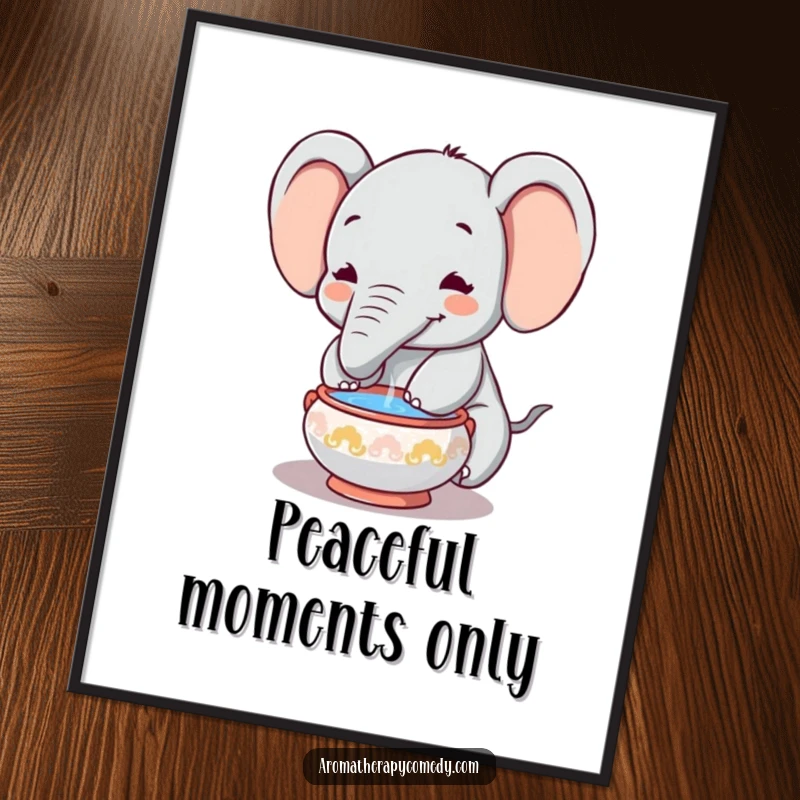Funny elephant digital art print, trunk in incense, offering serene humor and instant decor, lovely funny gift.