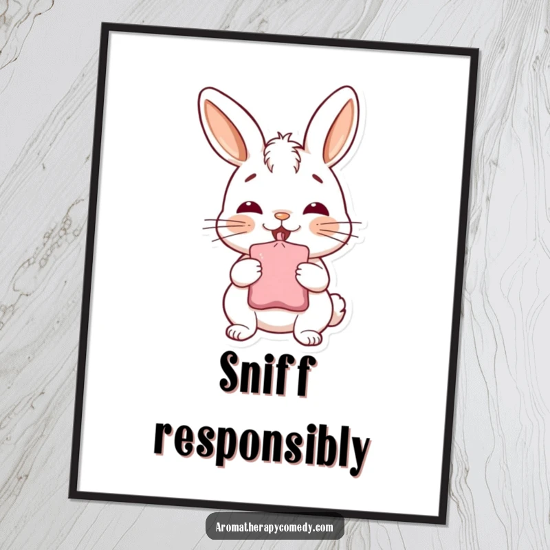 Funny bunny poster, deep inhale from a sachet, exuding cheerful humor and aromatic delight, excellent funny gift.
