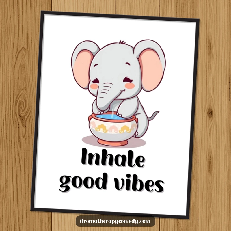 Funny elephant poster, trunk gently in incense bowl, exuding peaceful humor and artistic charm, great funny gift.