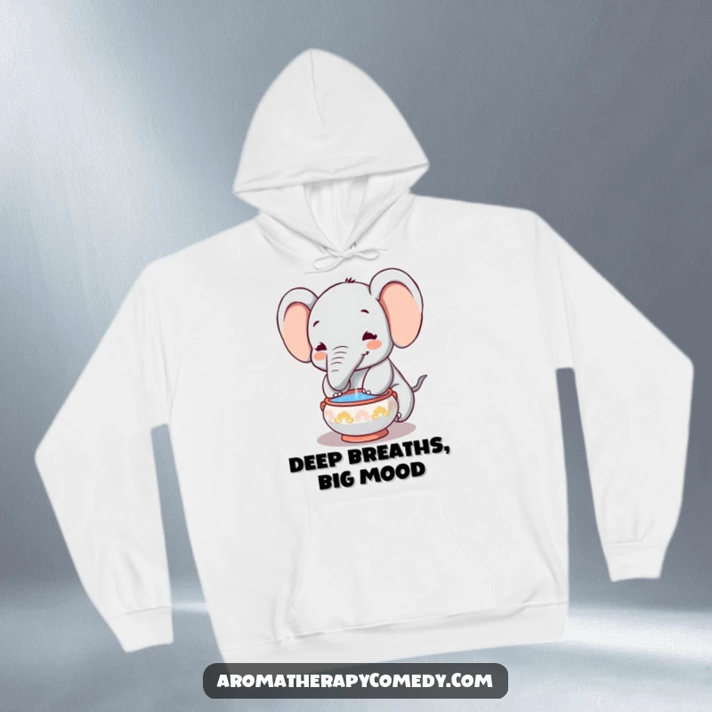 Funny elephant hoodie, trunk dipping into incense bowl, showcasing peaceful and humorous relaxation, excellent funny gift.
