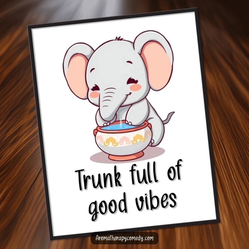 Funny Free Printable Wall Art: A happy elephant peacefully submerging its trunk in a small incense bowl, embodying serene humor.