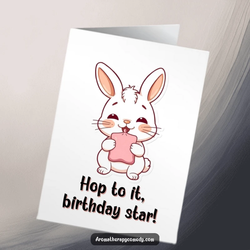 Funny Free Printable Birthday Card: A cheerful bunny character with closed eyes, deeply inhaling the scent from a small sachet.