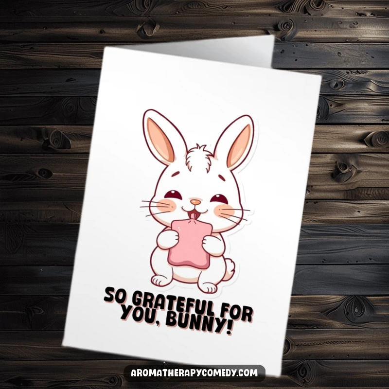 Funny Free Printable Thank You Card: A cheerful bunny character blissfully inhaling from a sachet, conveying sweet gratitude.