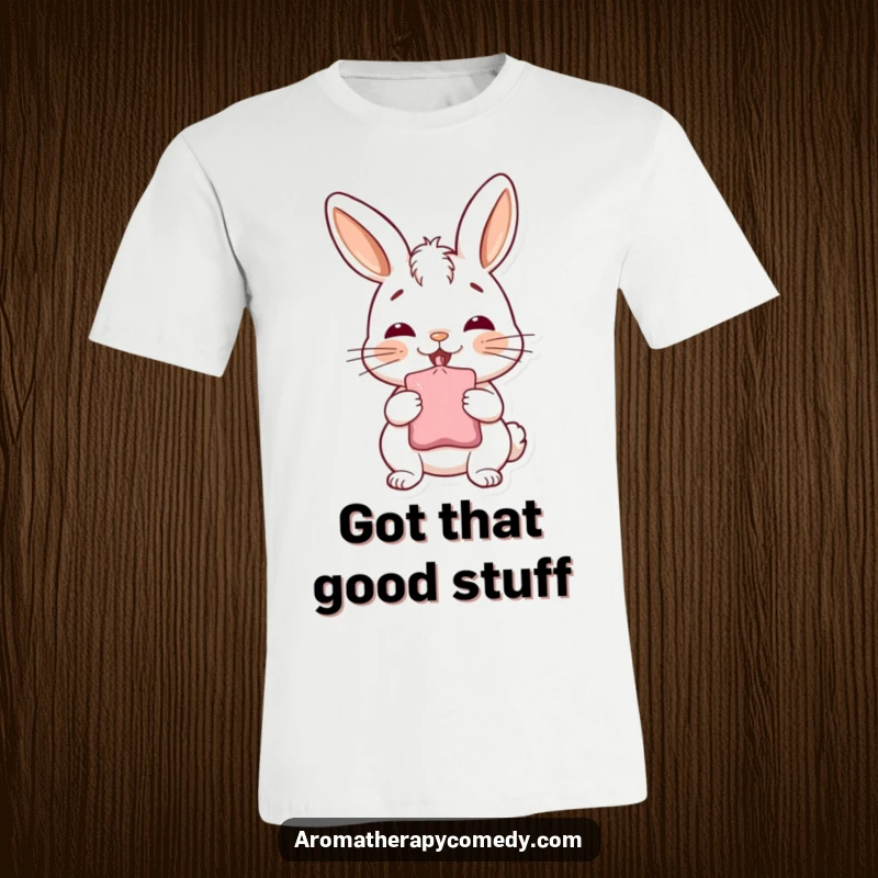 Funny bunny t-shirt, deep inhale from a sachet, radiating happiness and aromatic glee, excellent funny gift.