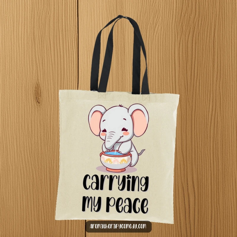 Funny elephant tote bag, trunk in incense, depicting peaceful joy and quirky charm, ideal funny gift.