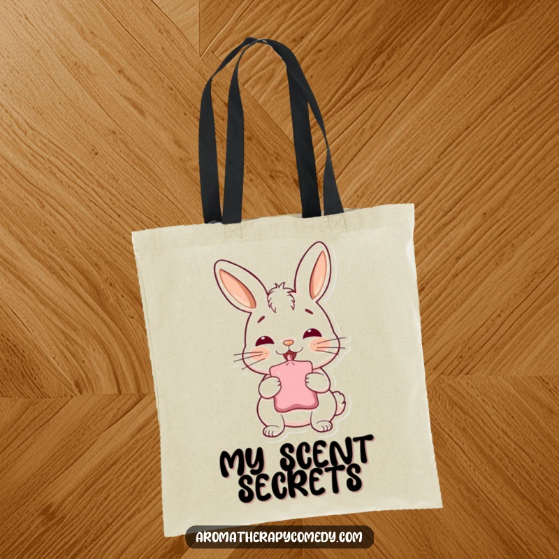 Funny bunny tote bag, cheerfully inhaling from a sachet, embodying fresh joy and quirky charm, ideal funny gift.